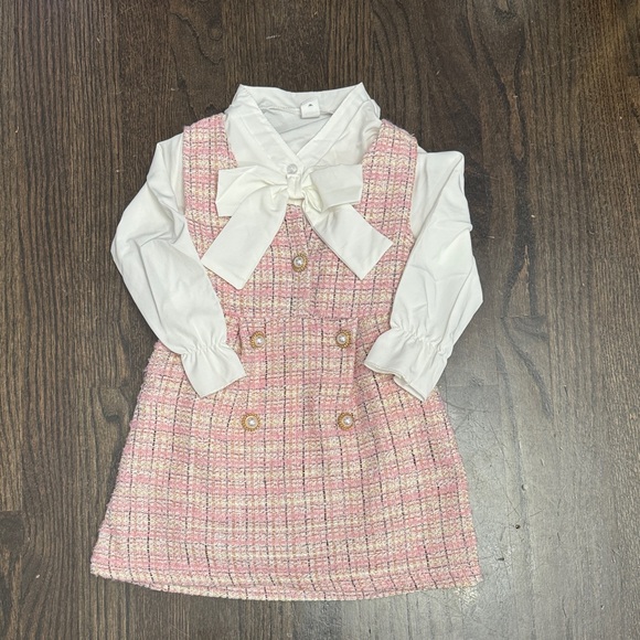 Pink Plaid Kids Dress with White Bow - Picture 1 of 3